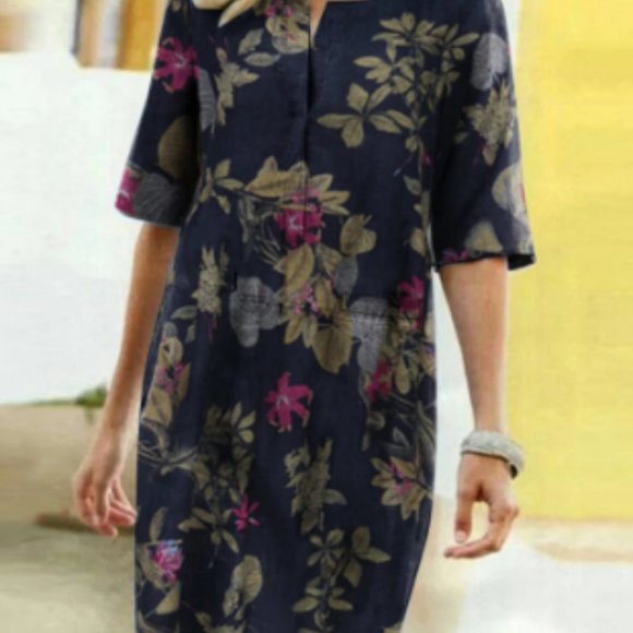 Women Vintage Cotton Floral Plant Print O-neck - Picture 2 of 2